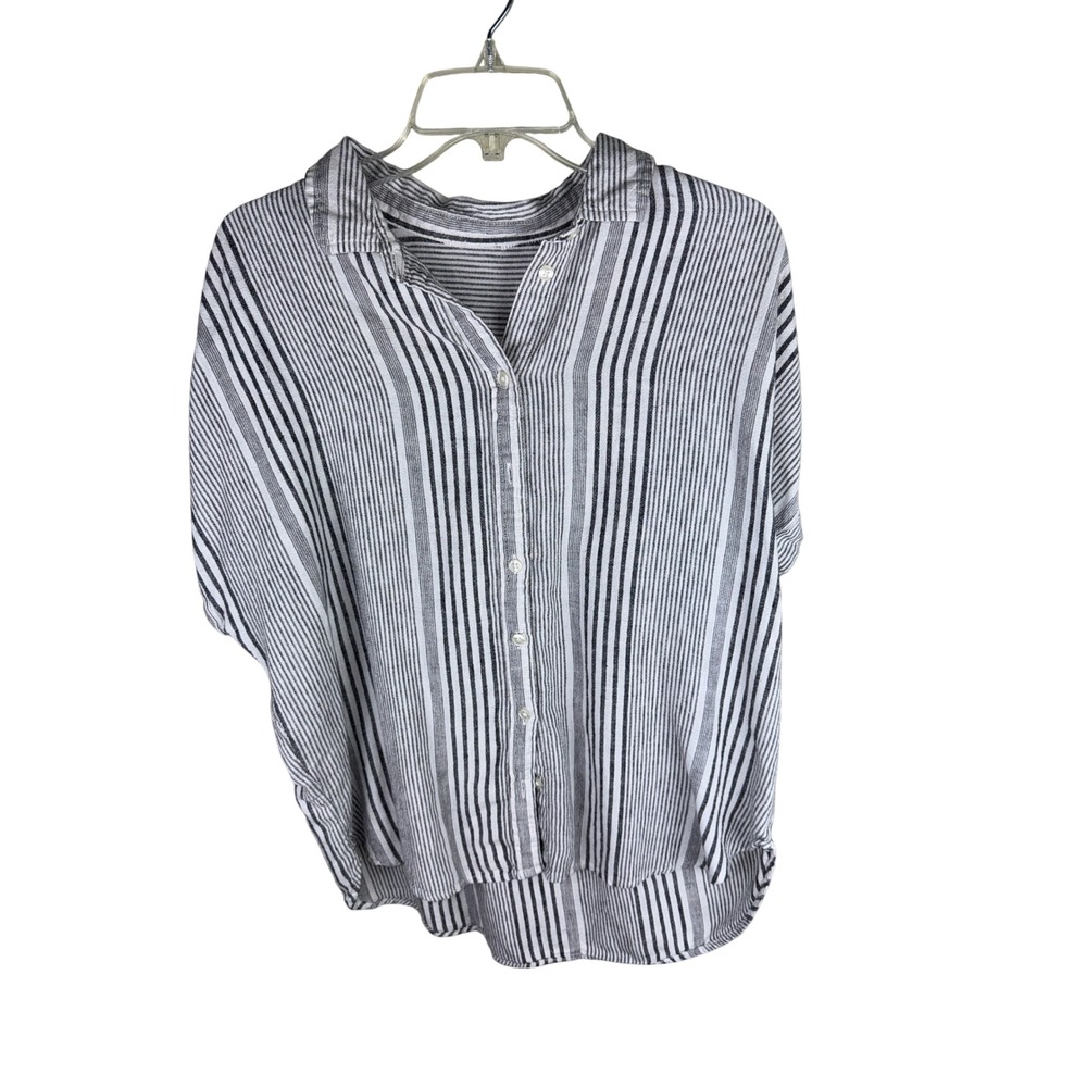 Striped Linen Blend Button Down Shirt Short Sleeve Dolman Black White Top